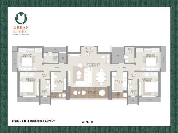 2+2 BHK jodi suggested layout, units 4 and 3